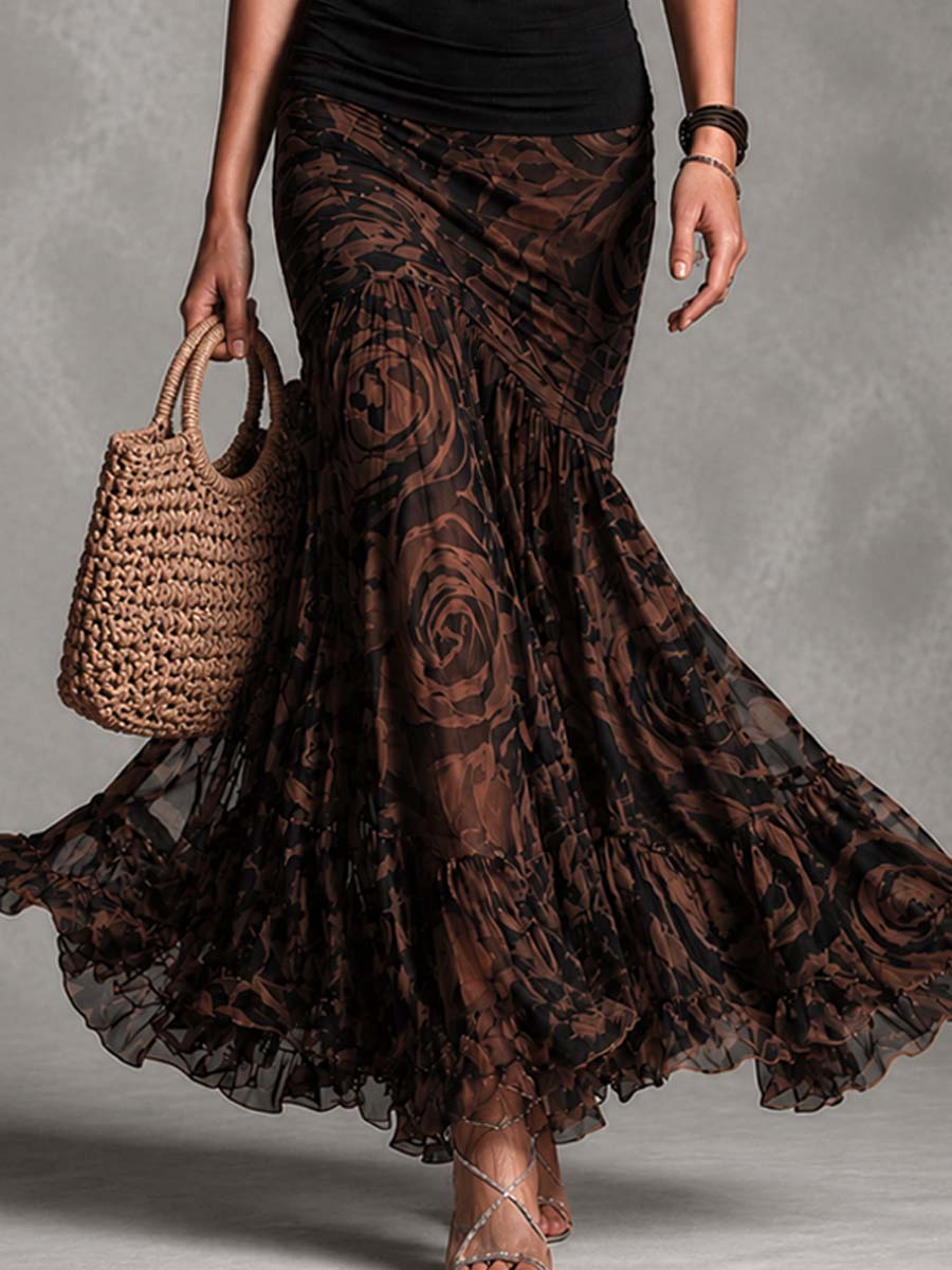 Rossana | Two-Piece Set Black Halter Top and Maxi Skirt in Rose Mesh