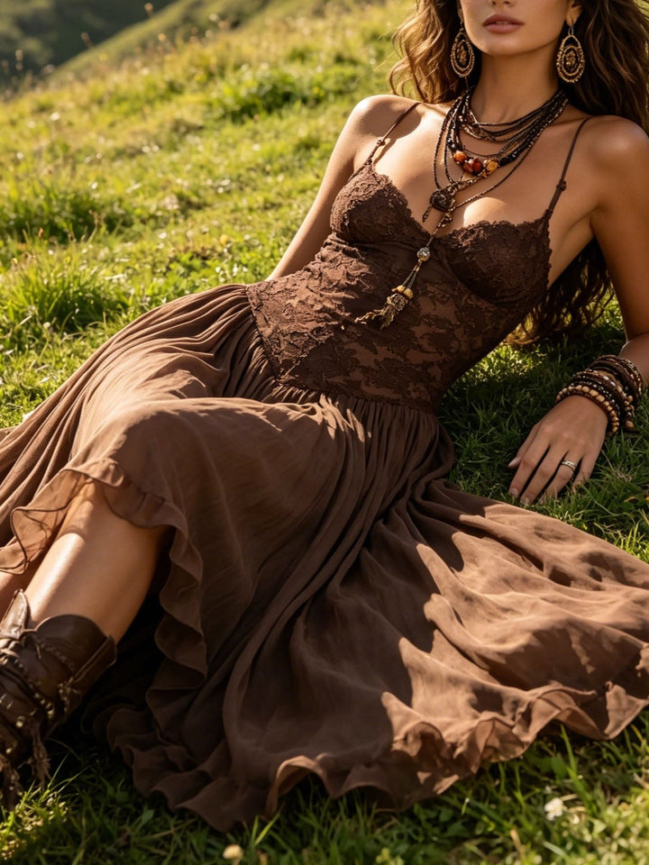 Federica | Maxi Dress in Brown Chiffon and Lace