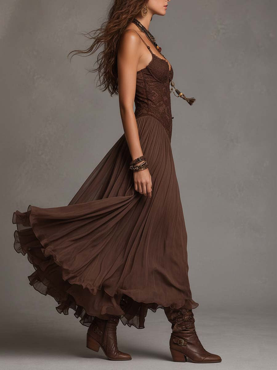 Federica | Maxi Dress in Brown Chiffon and Lace