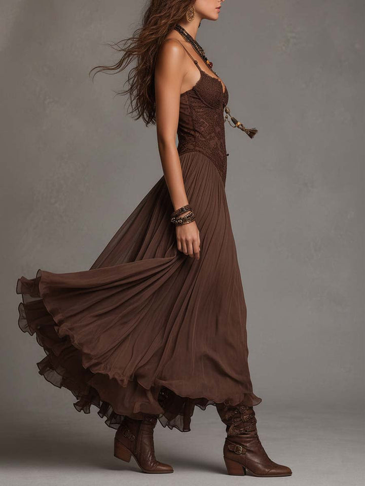 Federica | Maxi Dress in Brown Chiffon and Lace