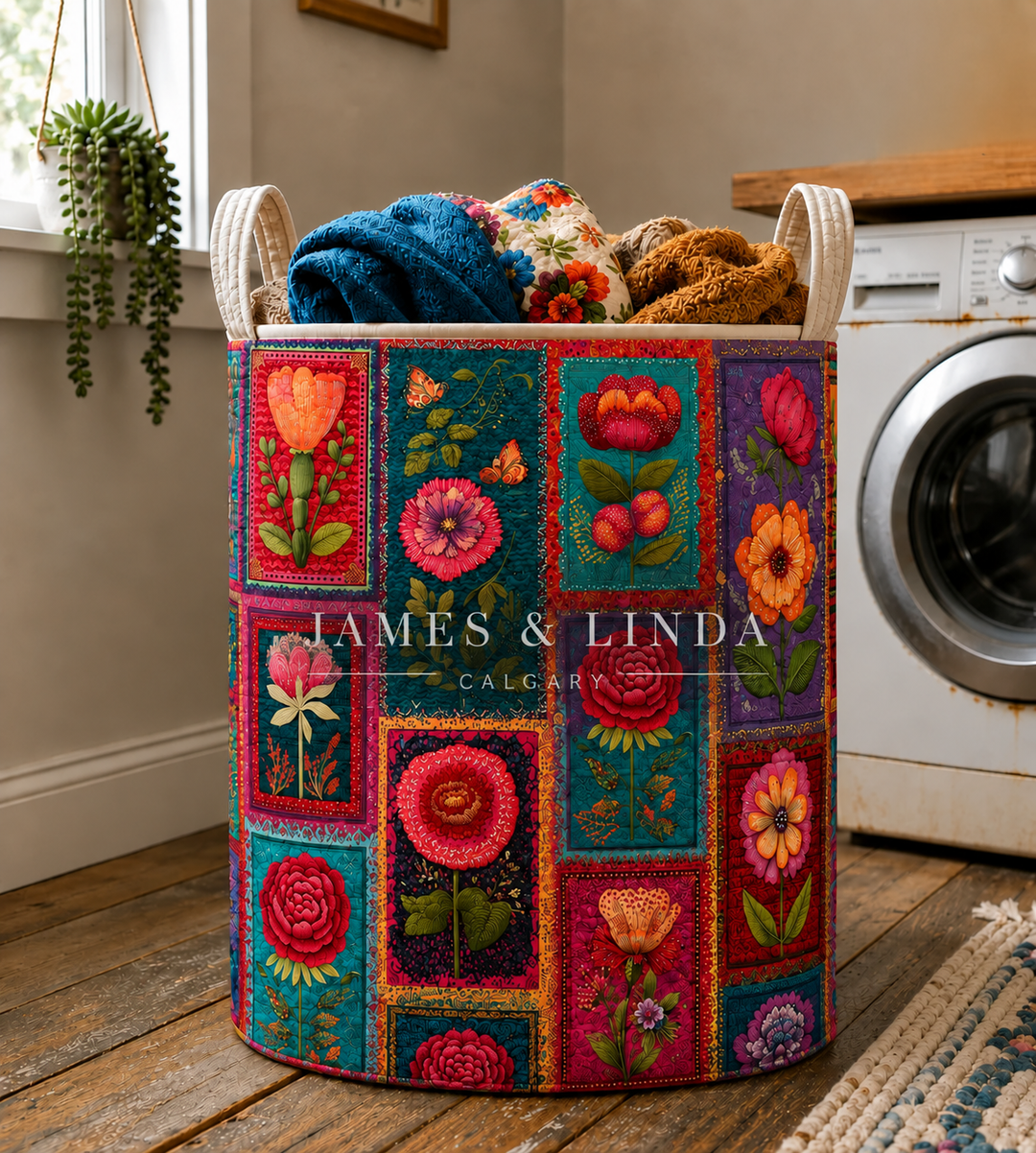 Colorful Floral Patchwork Quilted Laundry Basket