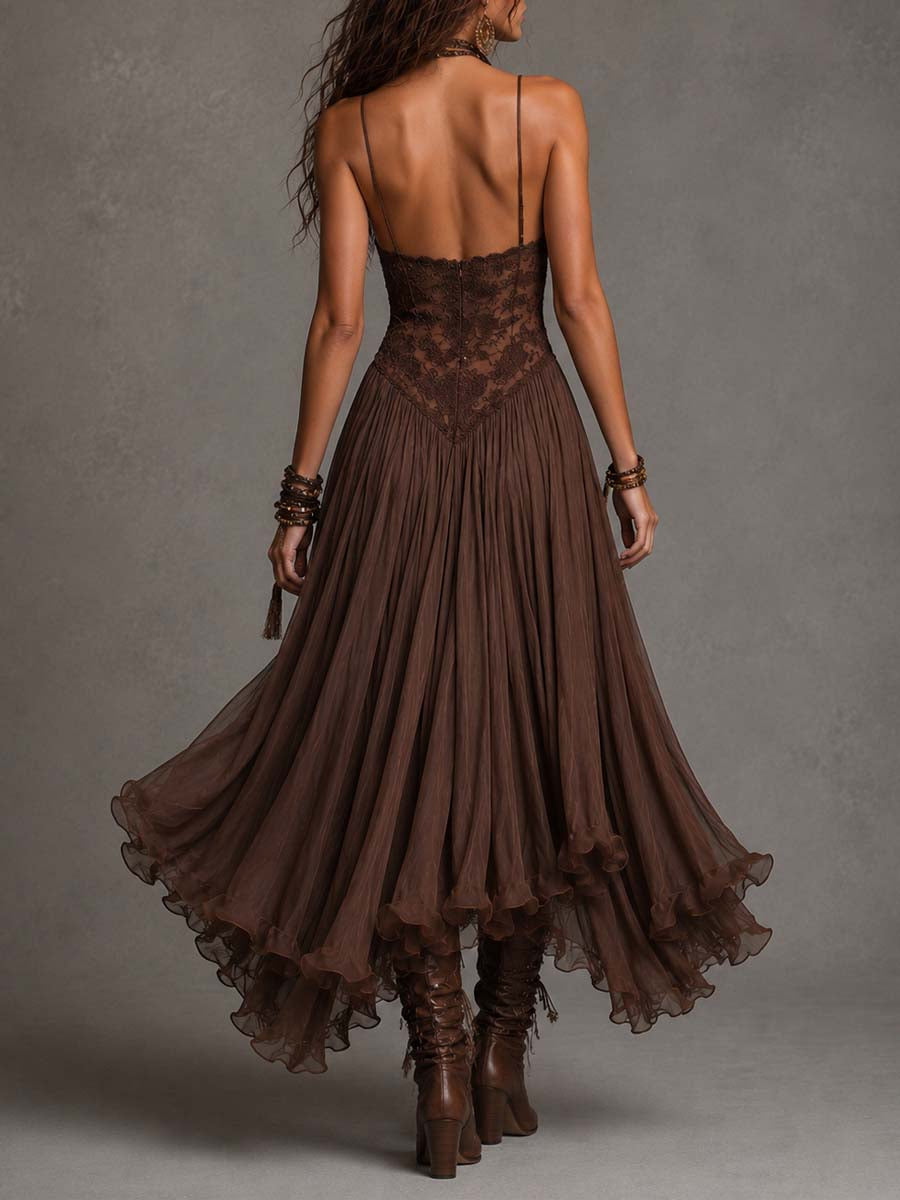 Federica | Maxi Dress in Brown Chiffon and Lace