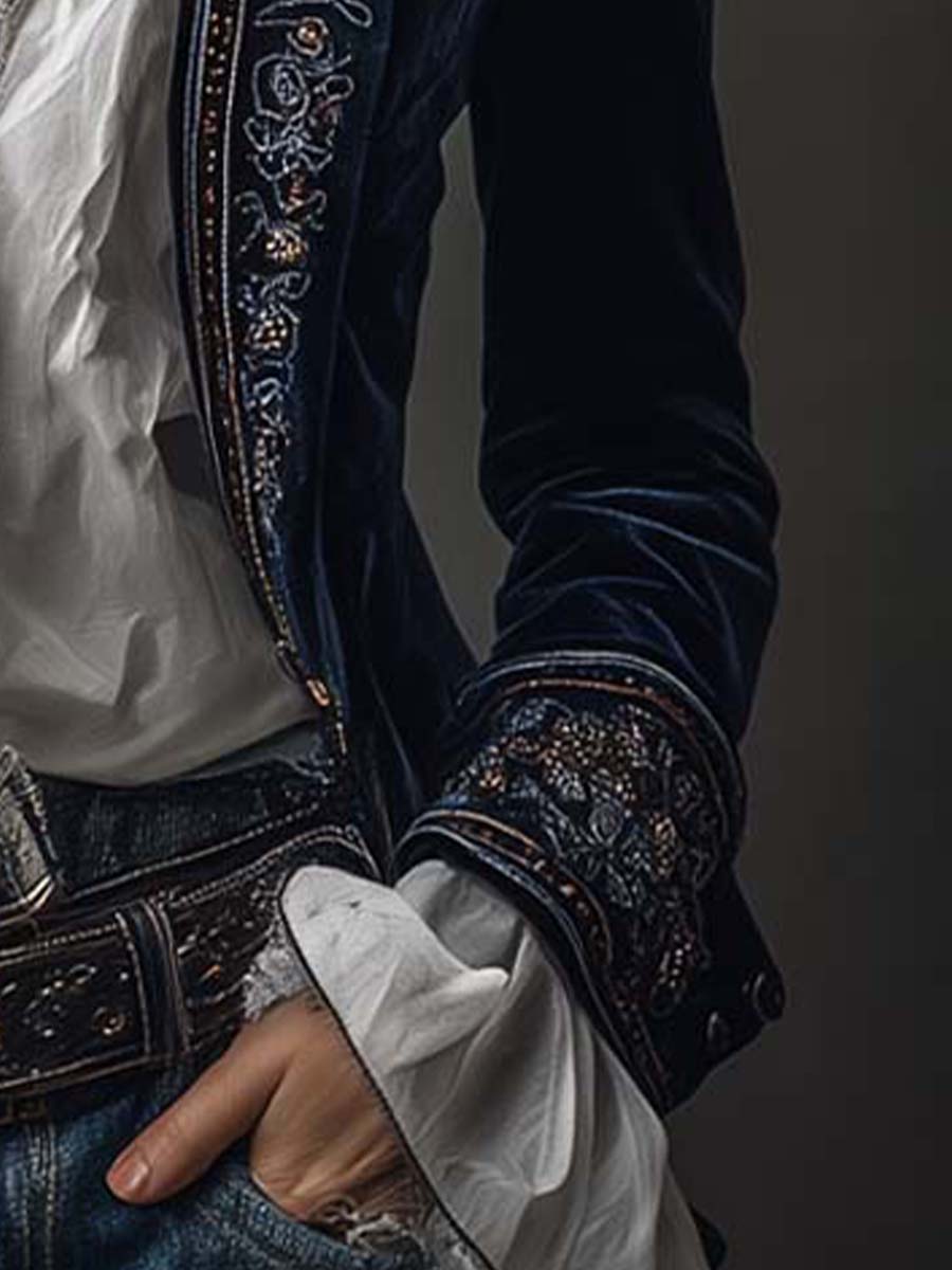 Margaret | Embroidered Navy Long Jacket