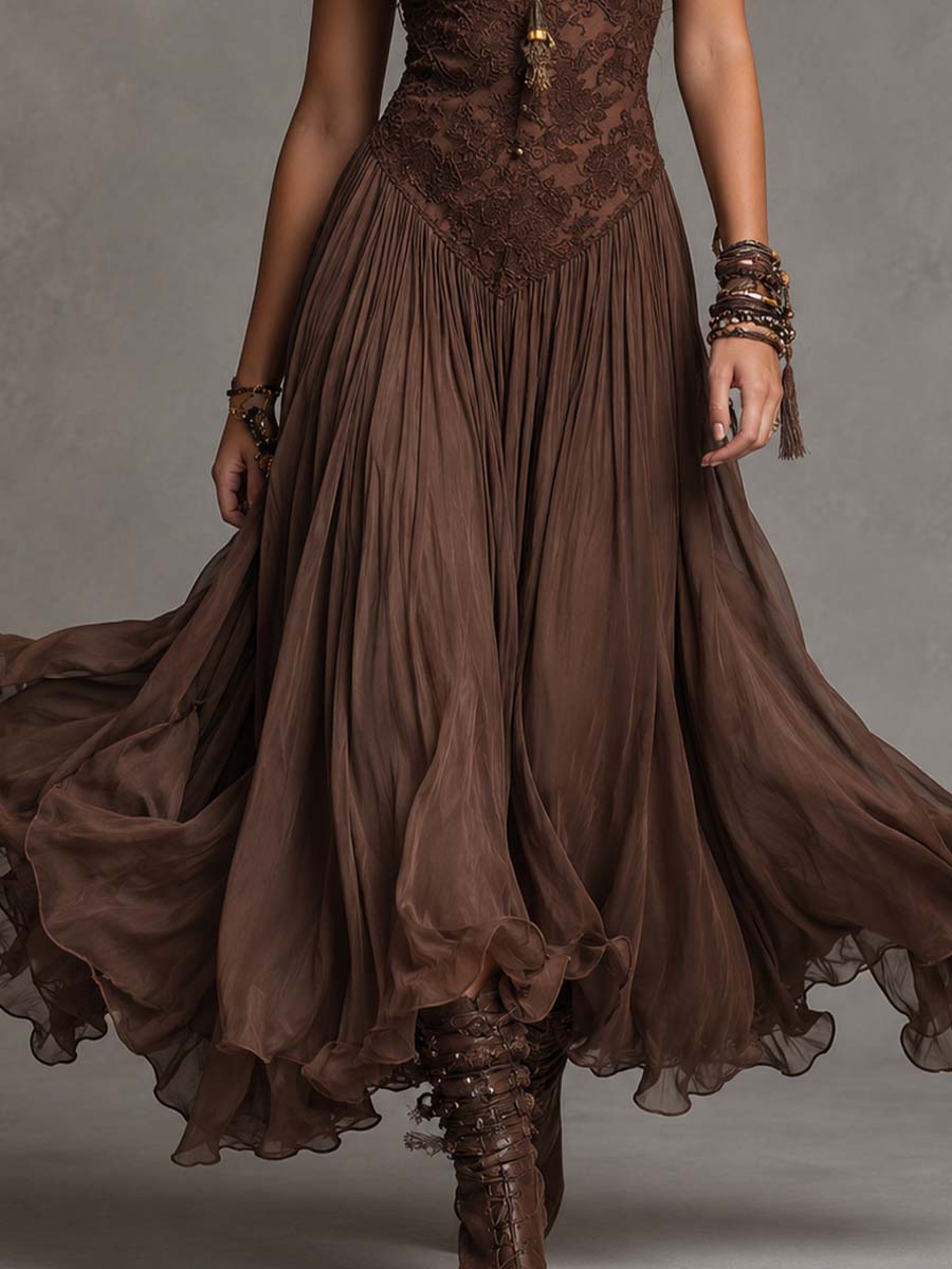 Federica | Maxi Dress in Brown Chiffon and Lace