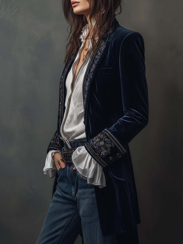 Margaret | Embroidered Navy Long Jacket