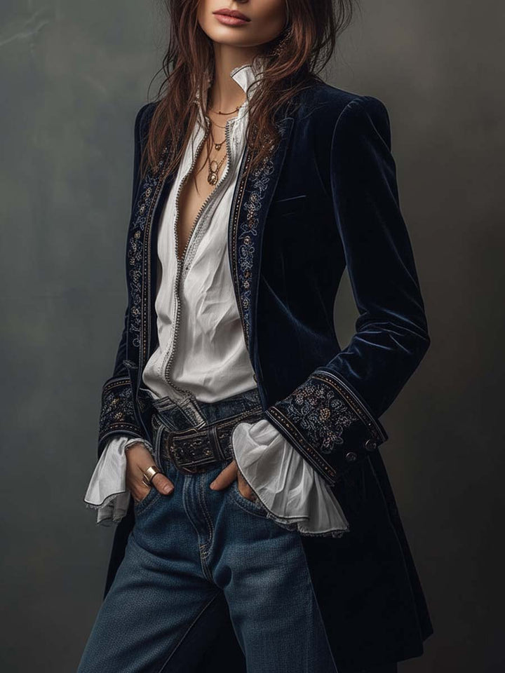Margaret | Embroidered Navy Long Jacket