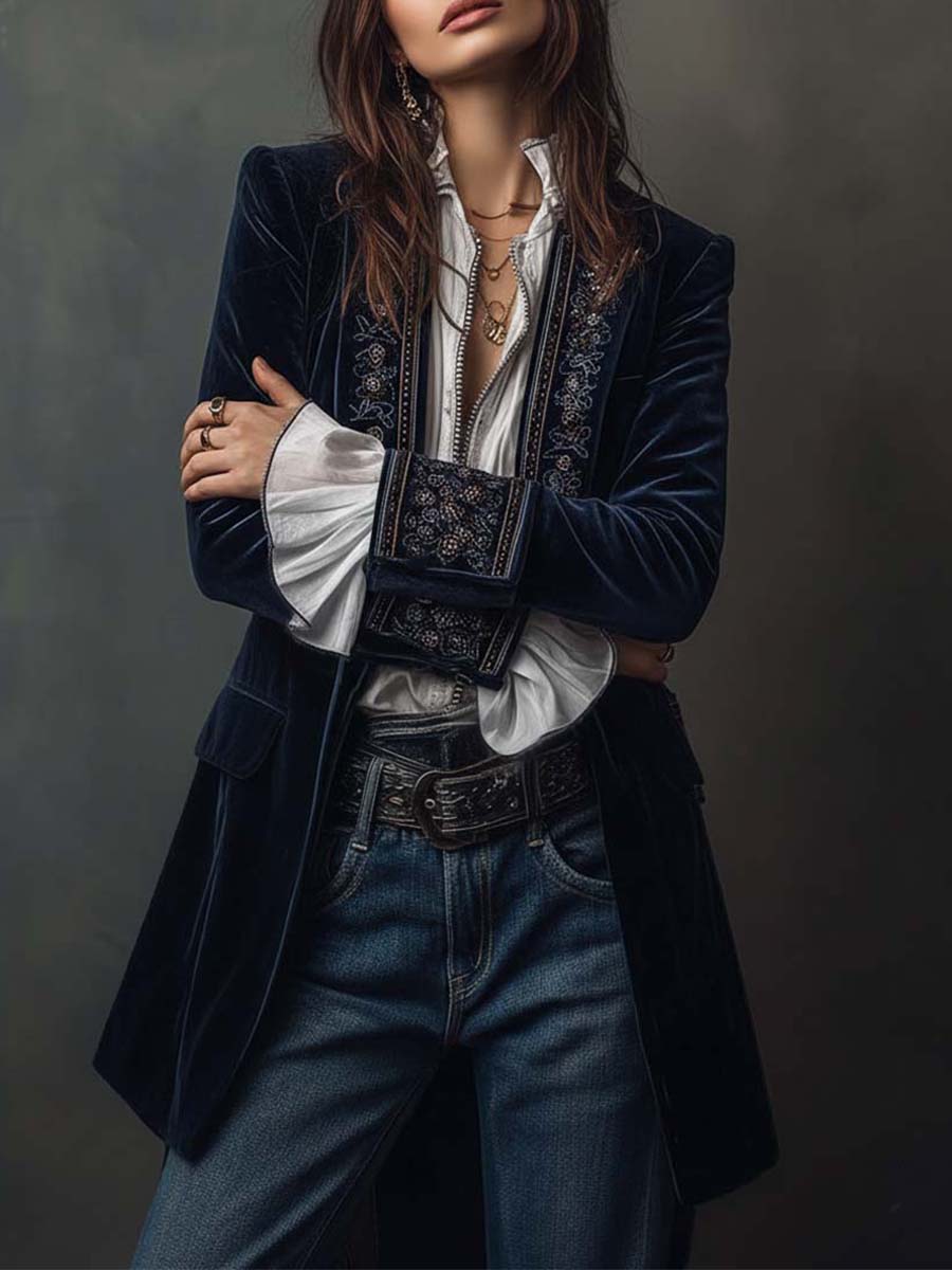 Margaret | Embroidered Navy Long Jacket