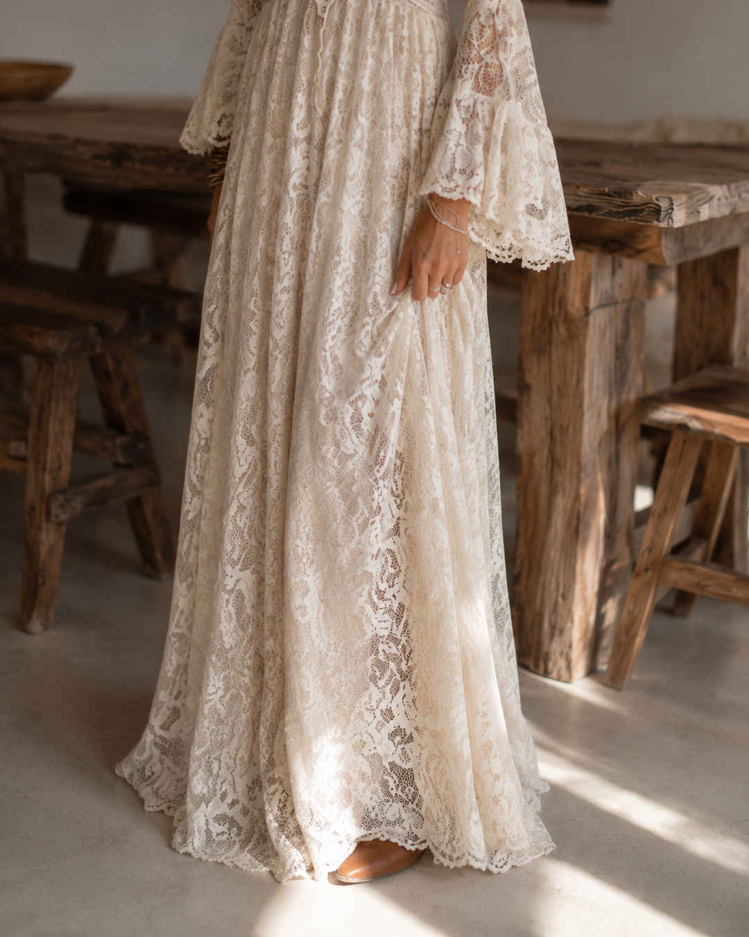 Serena | Maxi Lace Dress with Bell Sleeves, Ivory
