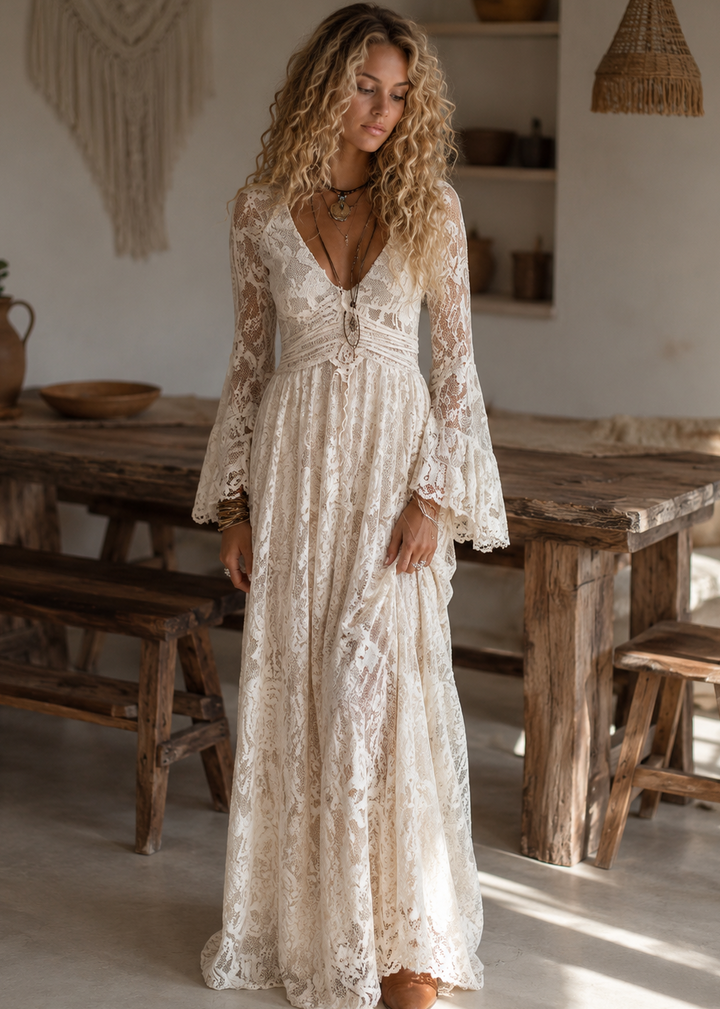 Serena | Maxi Lace Dress with Bell Sleeves, Ivory
