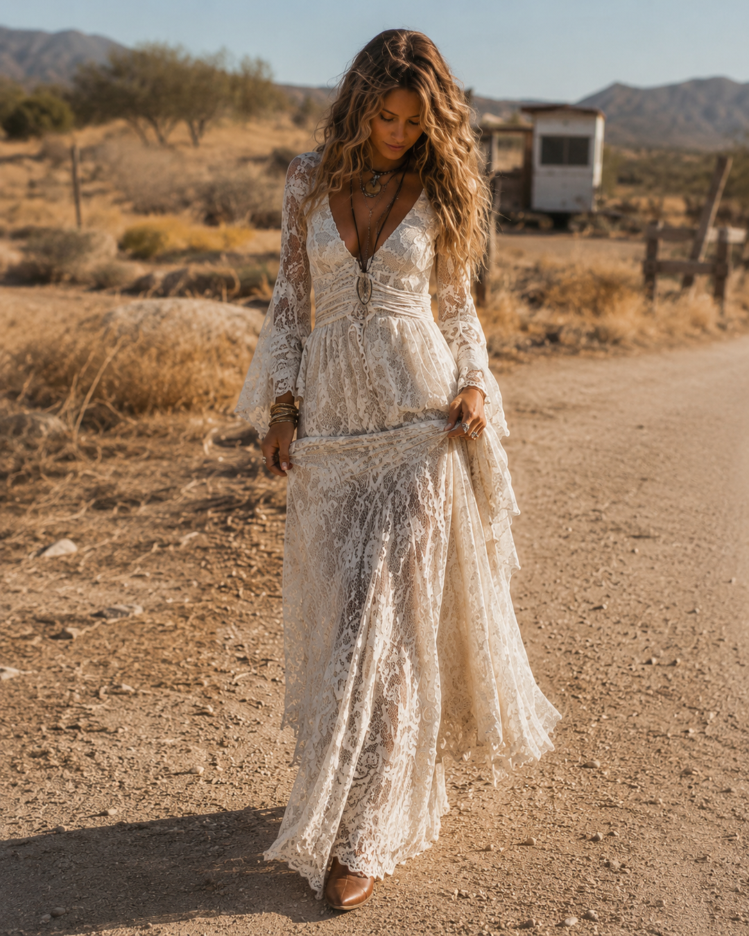 Serena | Maxi Lace Dress with Bell Sleeves, Ivory