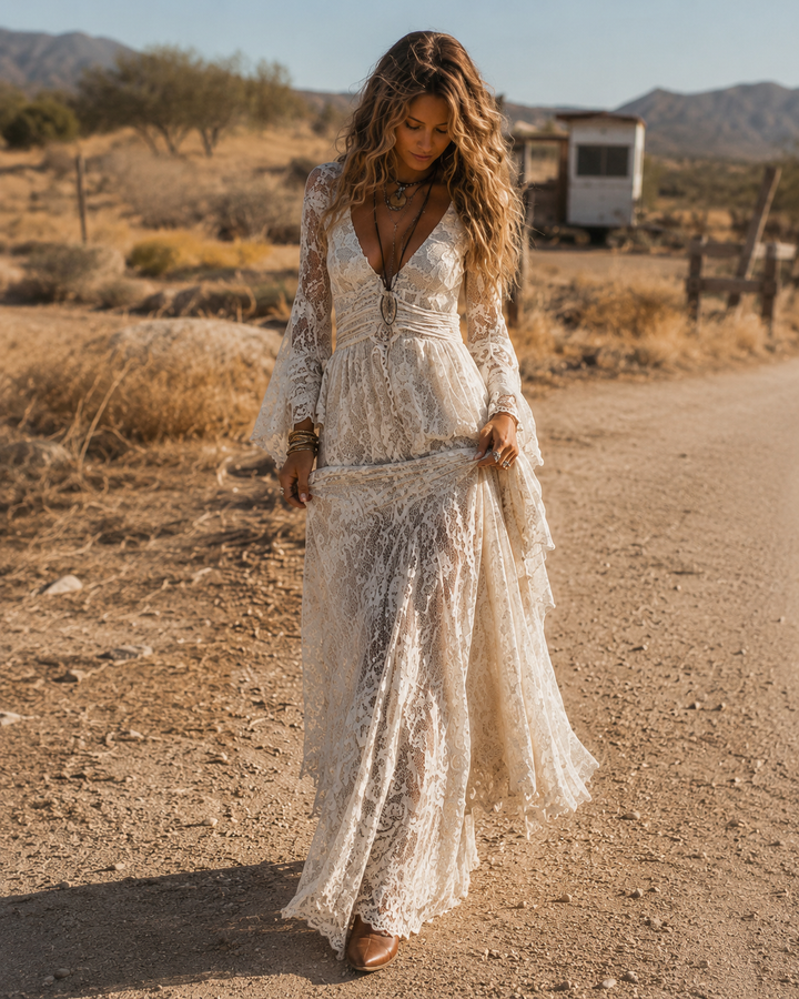 Serena | Maxi Lace Dress with Bell Sleeves, Ivory