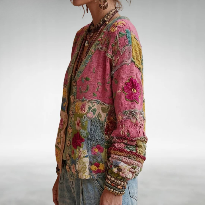Nadja – Bohemian patchwork cardigan in knitted quality