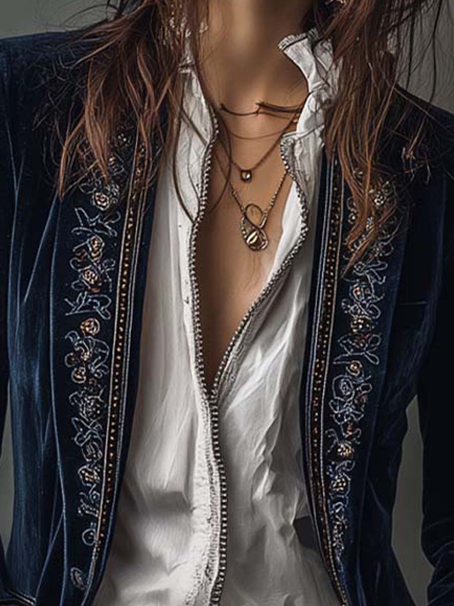 Margaret | Embroidered Navy Long Jacket