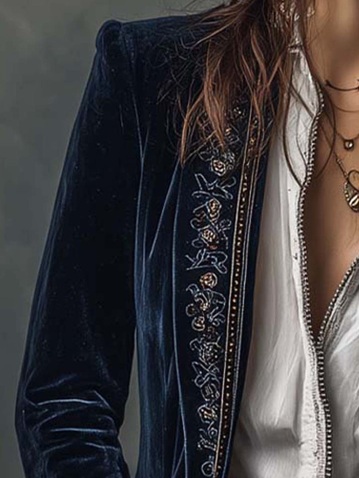 Margaret | Embroidered Navy Long Jacket
