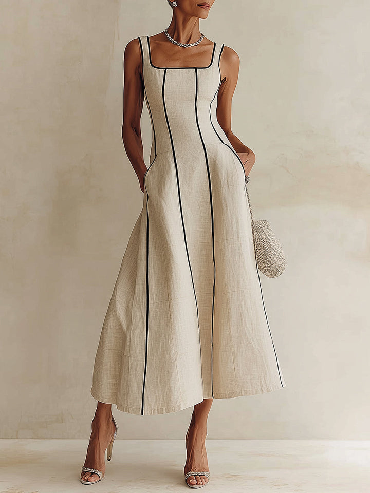 Camille | Maxi A-Line Striped Linen Dress, Black Trim