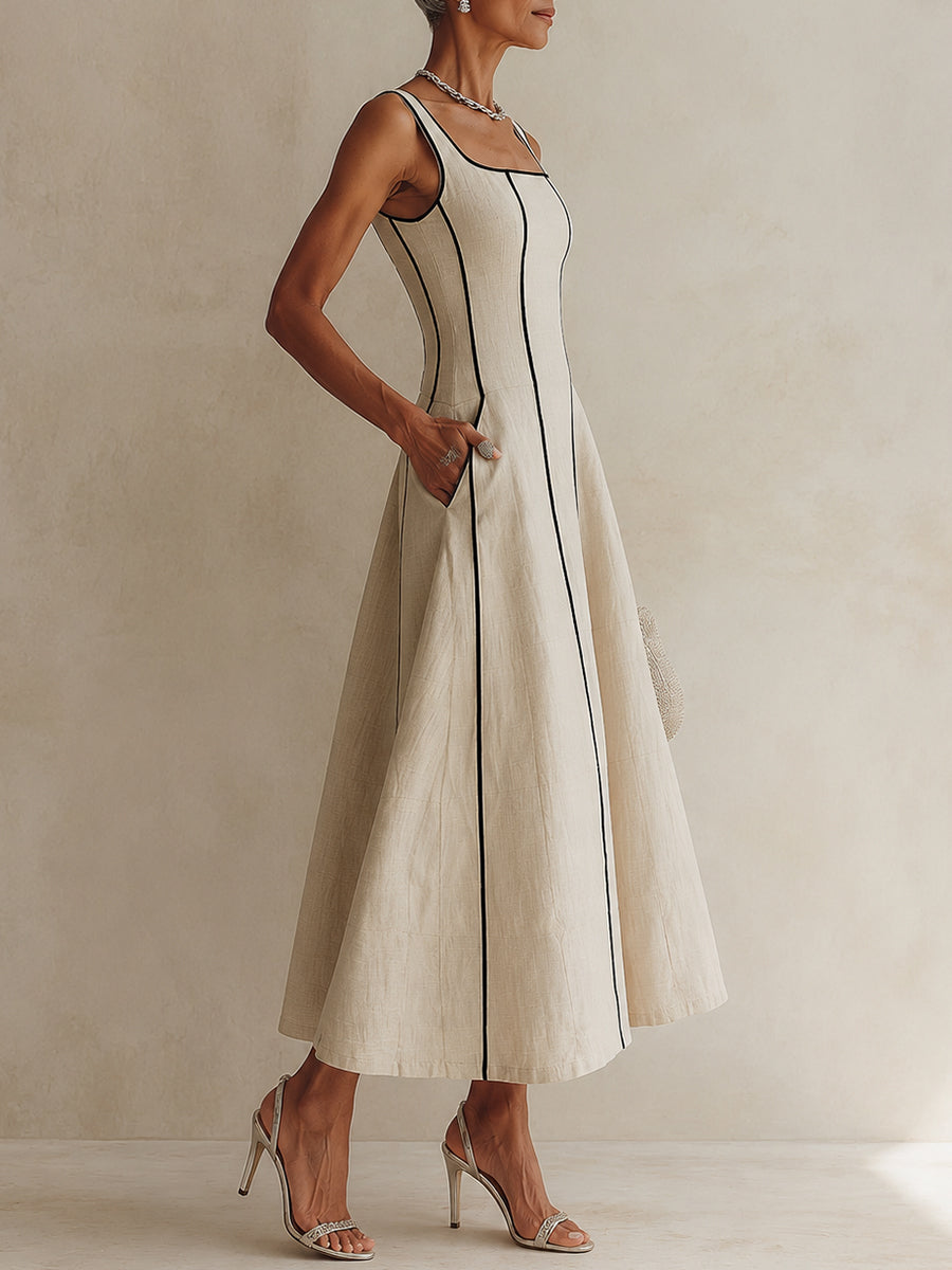 Camille | Maxi A-Line Striped Linen Dress, Black Trim