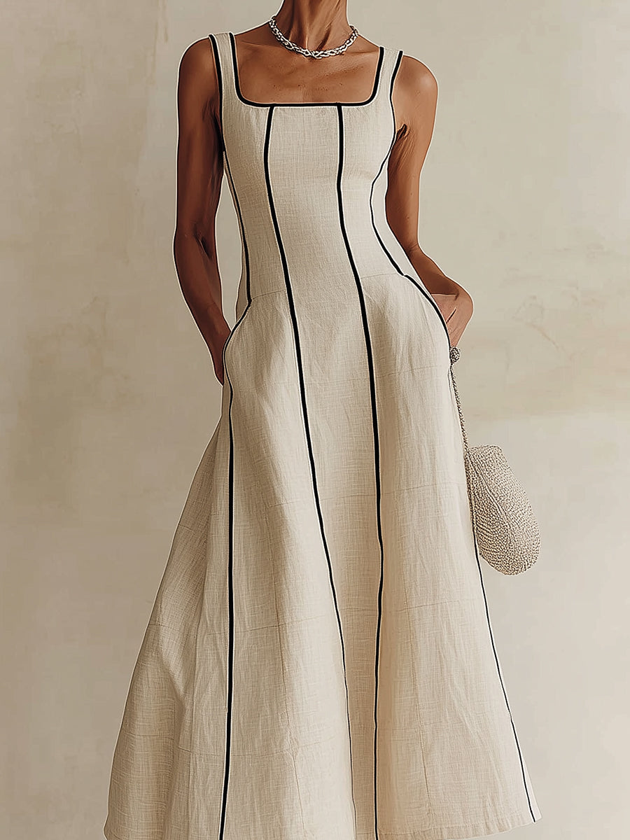 Camille | Maxi A-Line Striped Linen Dress, Black Trim