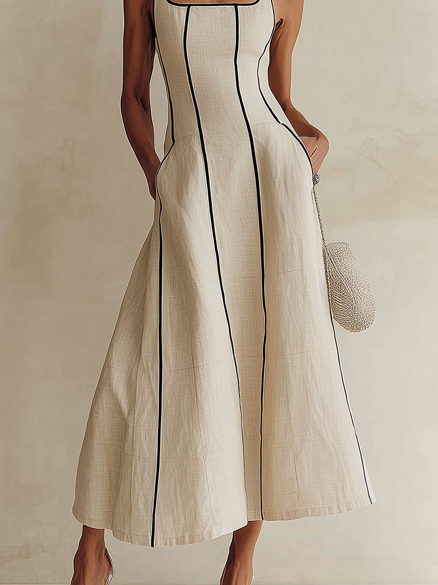 Camille | Maxi A-Line Striped Linen Dress, Black Trim