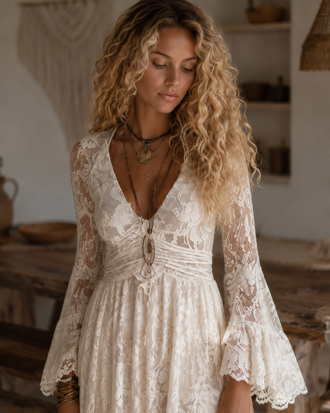Serena | Maxi Lace Dress with Bell Sleeves, Ivory