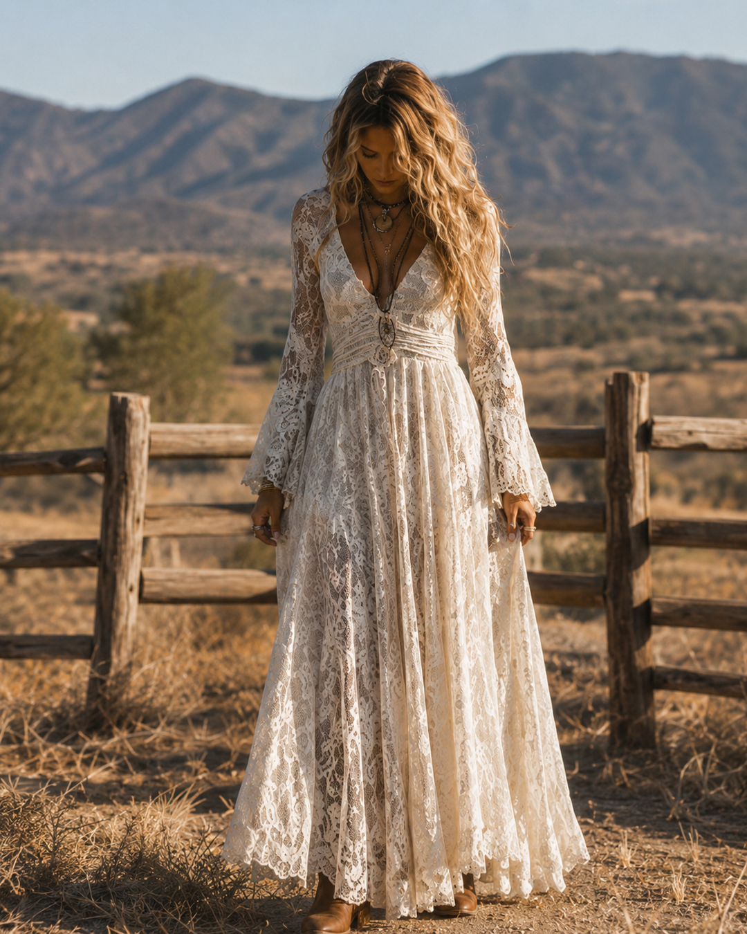 Serena | Maxi Lace Dress with Bell Sleeves, Ivory