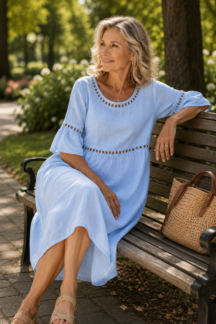 Hélène | Long Cotton and Linen Dress with Flat Stomach Effect