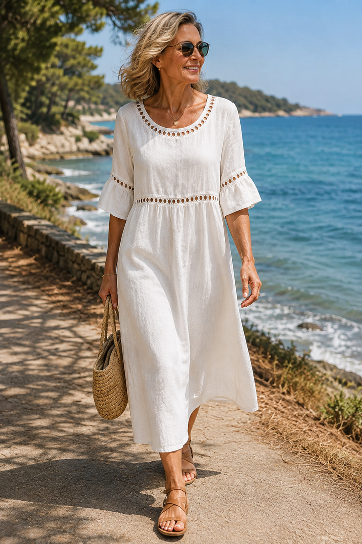 Hélène | Long Cotton and Linen Dress with Flat Stomach Effect