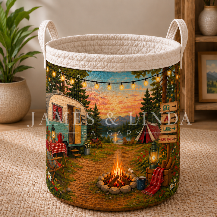 Lake Camping Adventure Quilted Laundry Basket