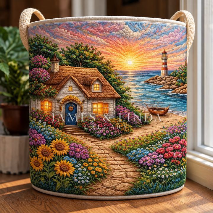 Cottage & Lighthouse Scene Quilted Laundry Basket