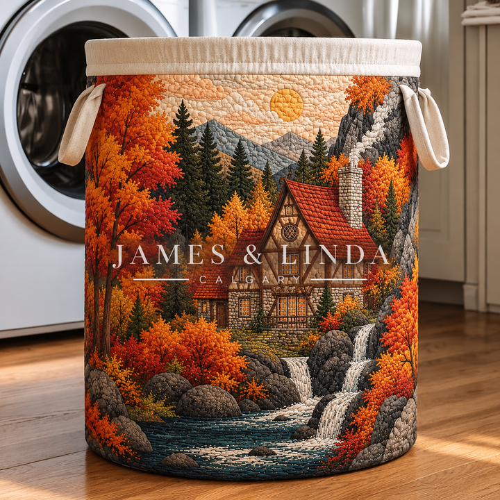 Autumn Cottage Waterfall Cabin Quilted Laundry Basket