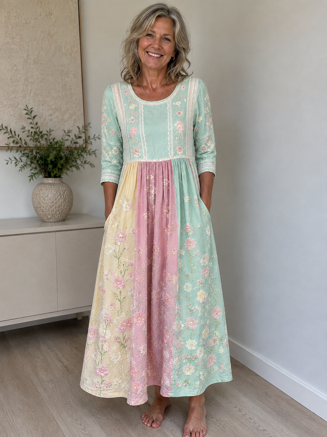 Spring Blossom Patchwork Pocket Midi Dress