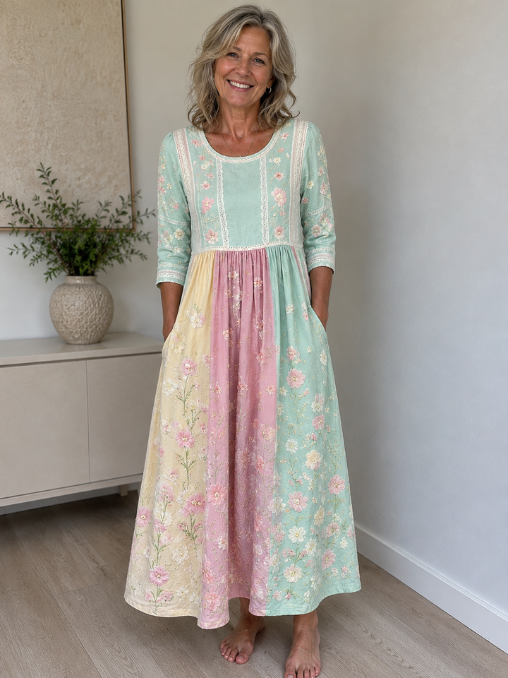 Spring Blossom Patchwork Pocket Midi Dress