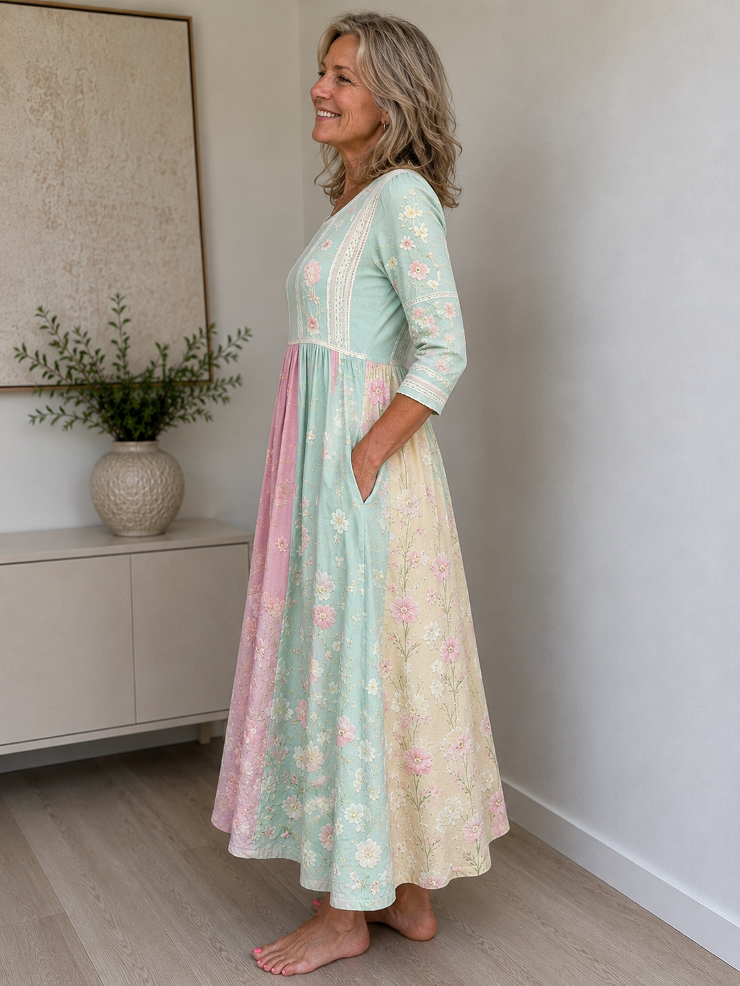 Spring Blossom Patchwork Pocket Midi Dress