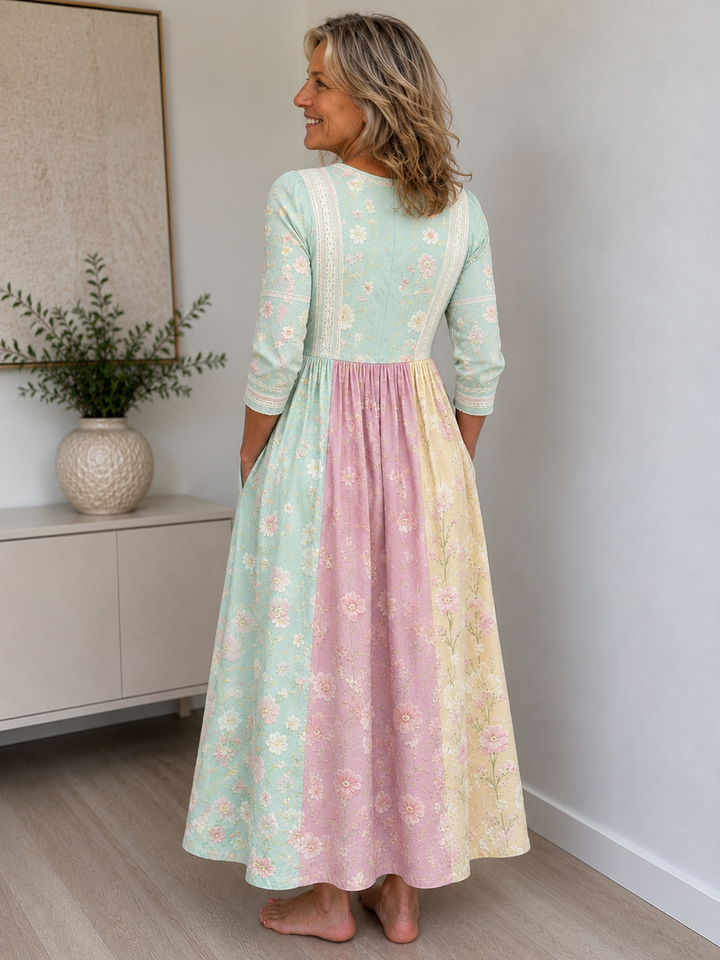Spring Blossom Patchwork Pocket Midi Dress