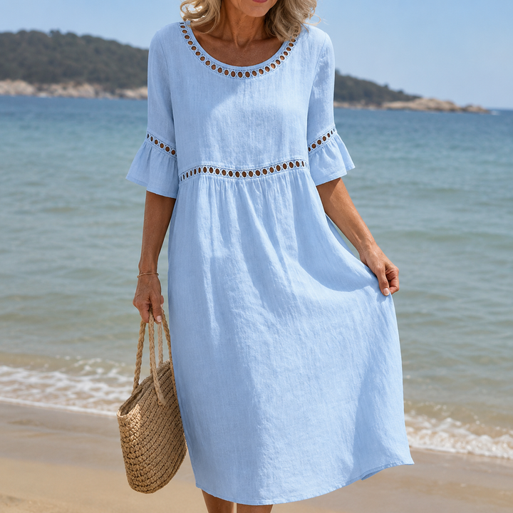 Hélène | Long Cotton and Linen Dress with Flat Stomach Effect
