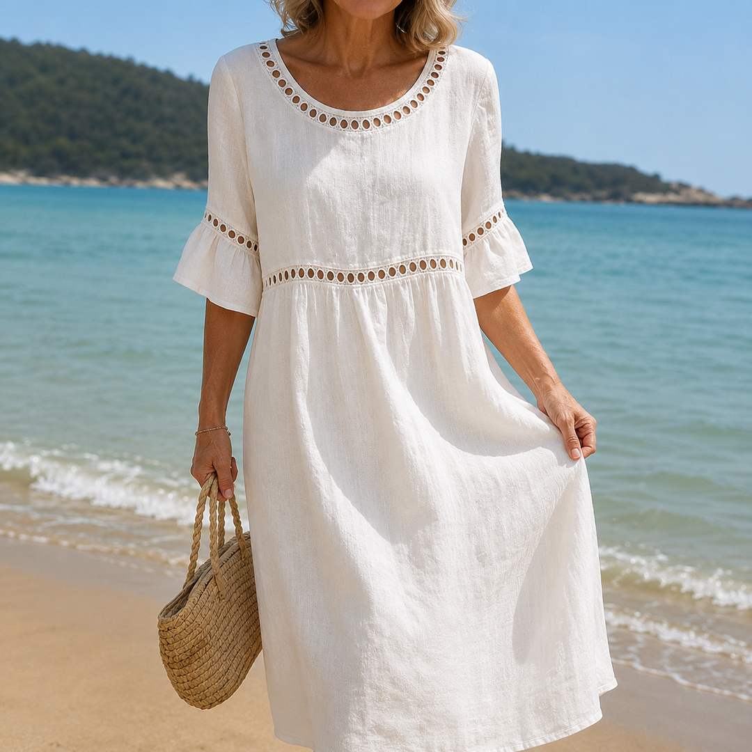 Hélène | Long Cotton and Linen Dress with Flat Stomach Effect