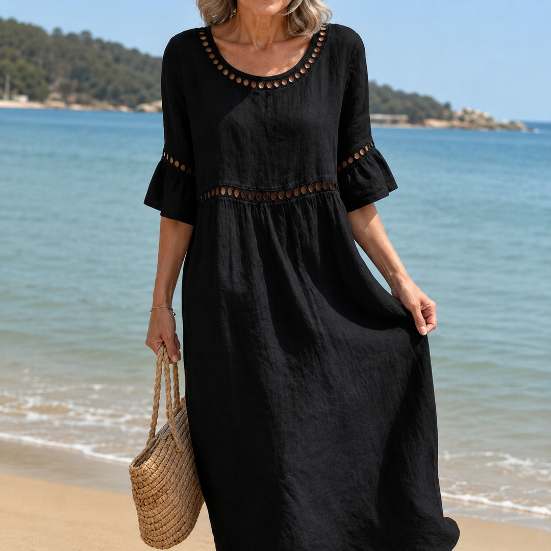 Hélène | Long Cotton and Linen Dress with Flat Stomach Effect