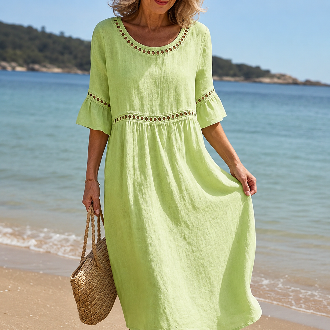 Hélène | Long Cotton and Linen Dress with Flat Stomach Effect