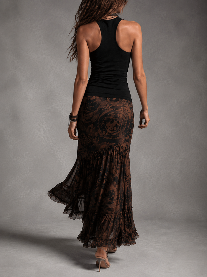 Rossana | Two-Piece Set Black Halter Top and Maxi Skirt in Rose Mesh