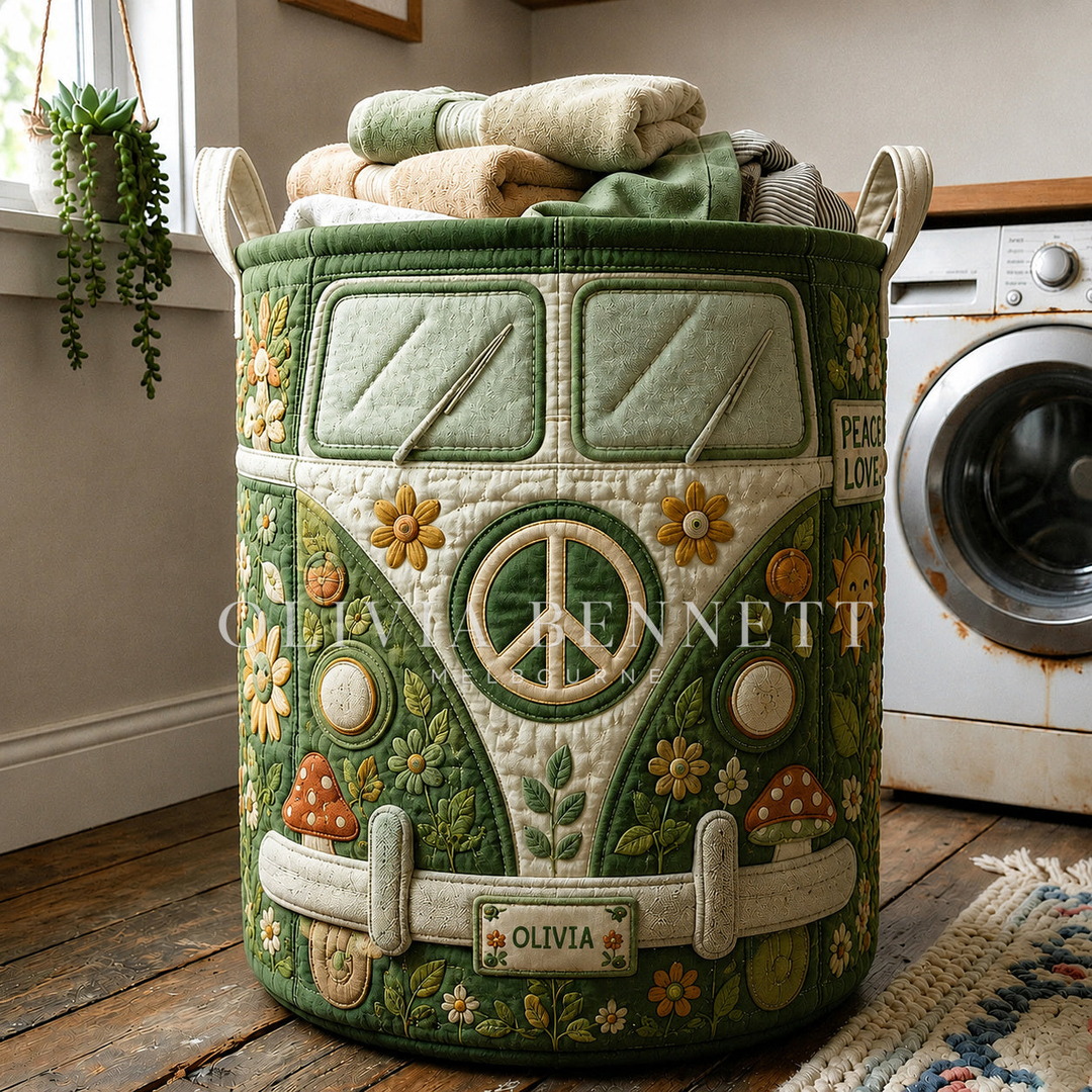 Hippie Camper Van Peace Personalized Quilted Laundry Basket
