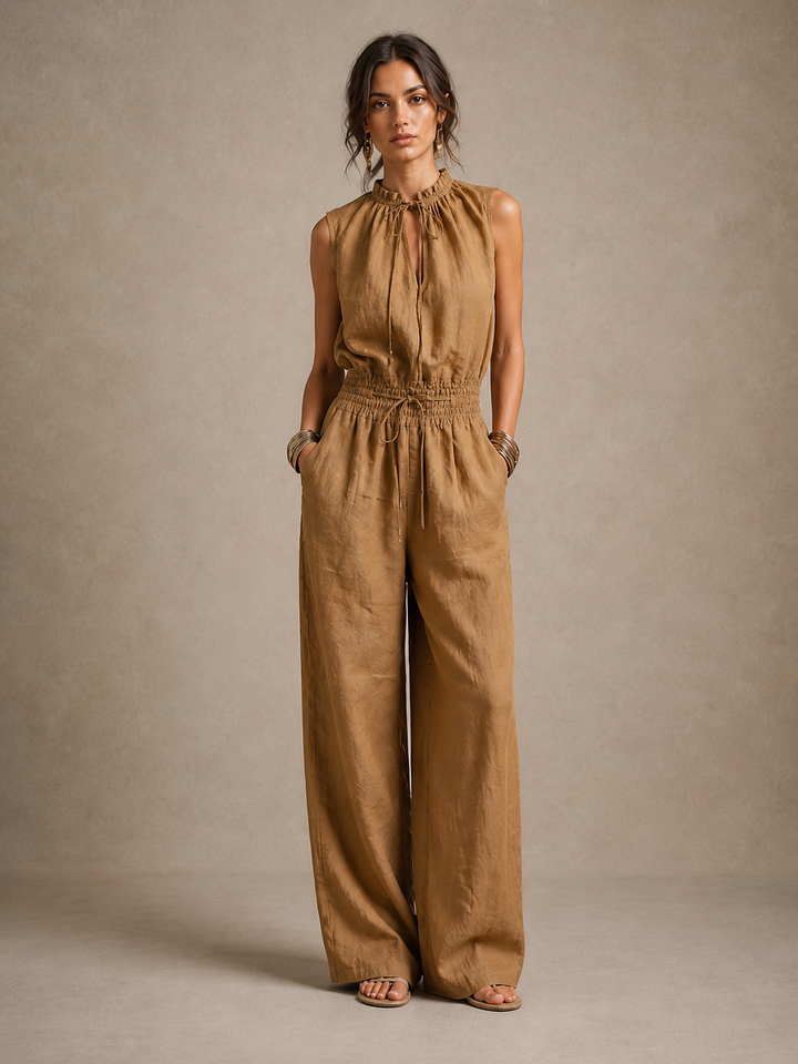 Zenaide | Camel High-Neck Tie-Waist Wide-Leg Jumpsuit