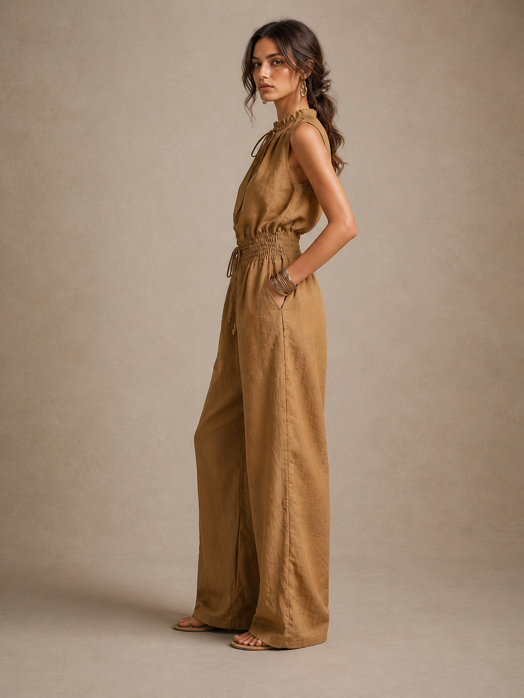 Zenaide | Camel High-Neck Tie-Waist Wide-Leg Jumpsuit
