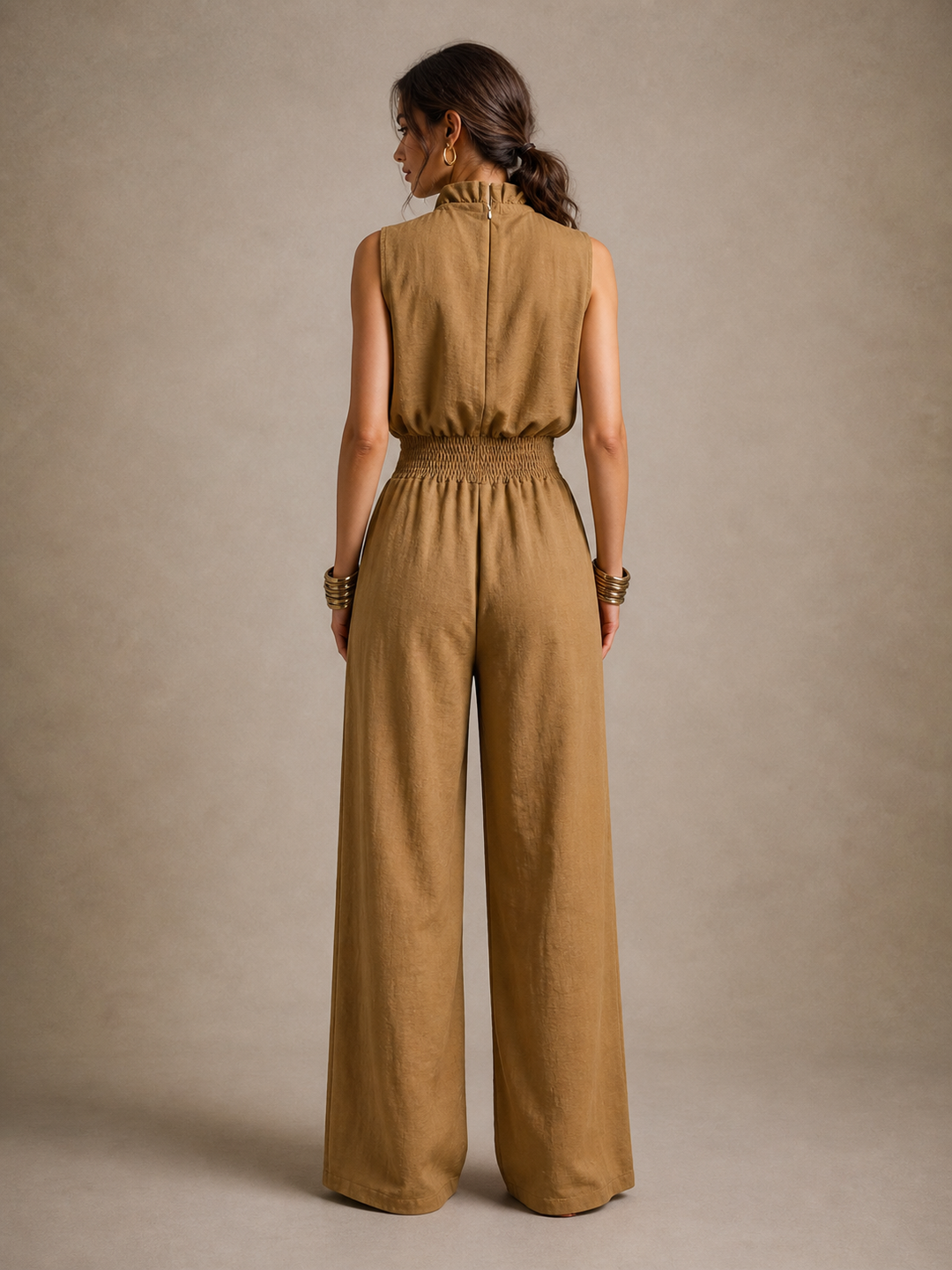 Zenaide | Camel High-Neck Tie-Waist Wide-Leg Jumpsuit