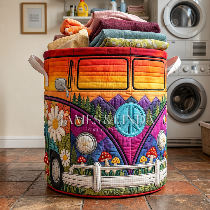 Colorful Hippie Bus Quilted Laundry Basket