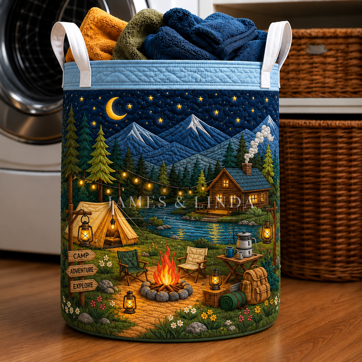 Night Camping Adventure Cabin Quilted Laundry Basket