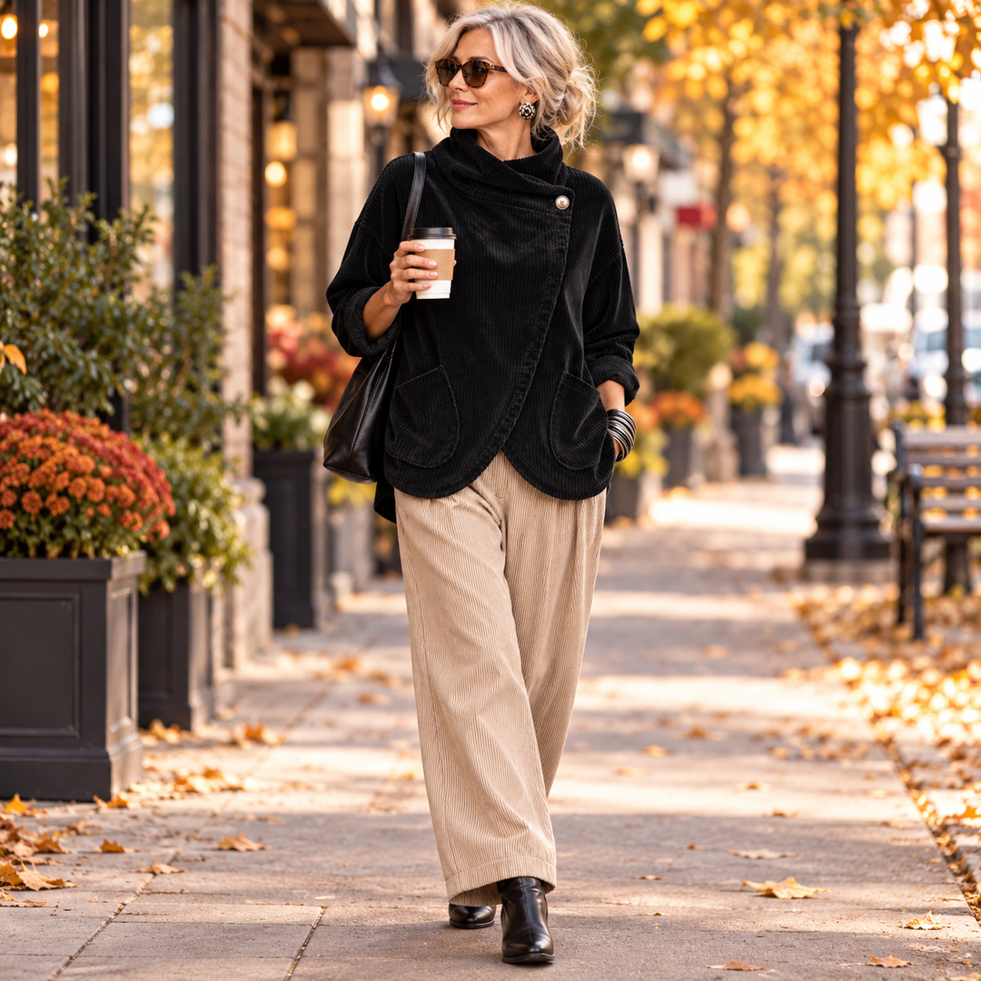 Jenna | Black Corduroy Wrap Top