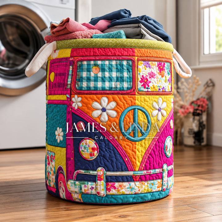 Colorful Hippie Bus Quilted Laundry Basket