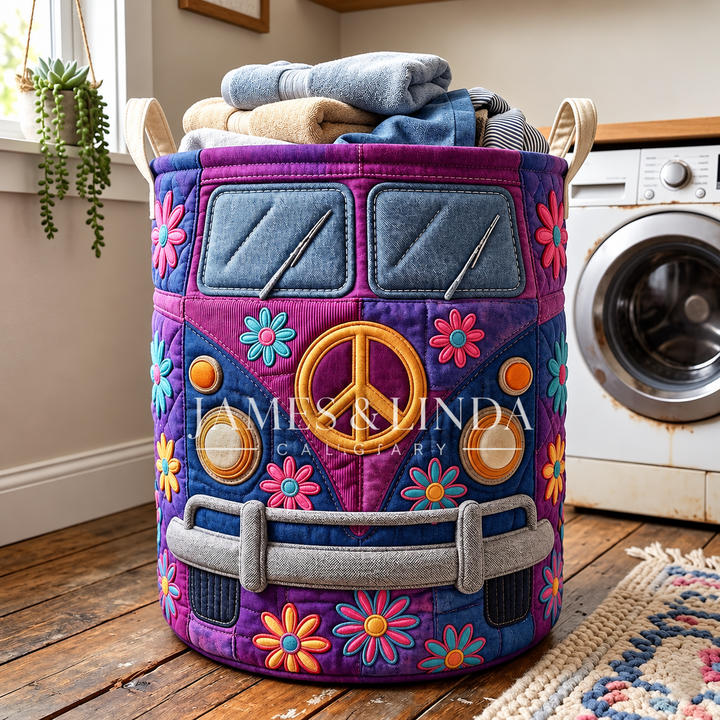 Colorful Hippie Bus Quilted Laundry Basket
