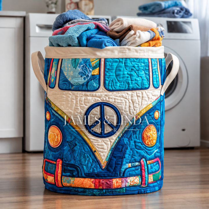 Colorful Hippie Bus Quilted Laundry Basket