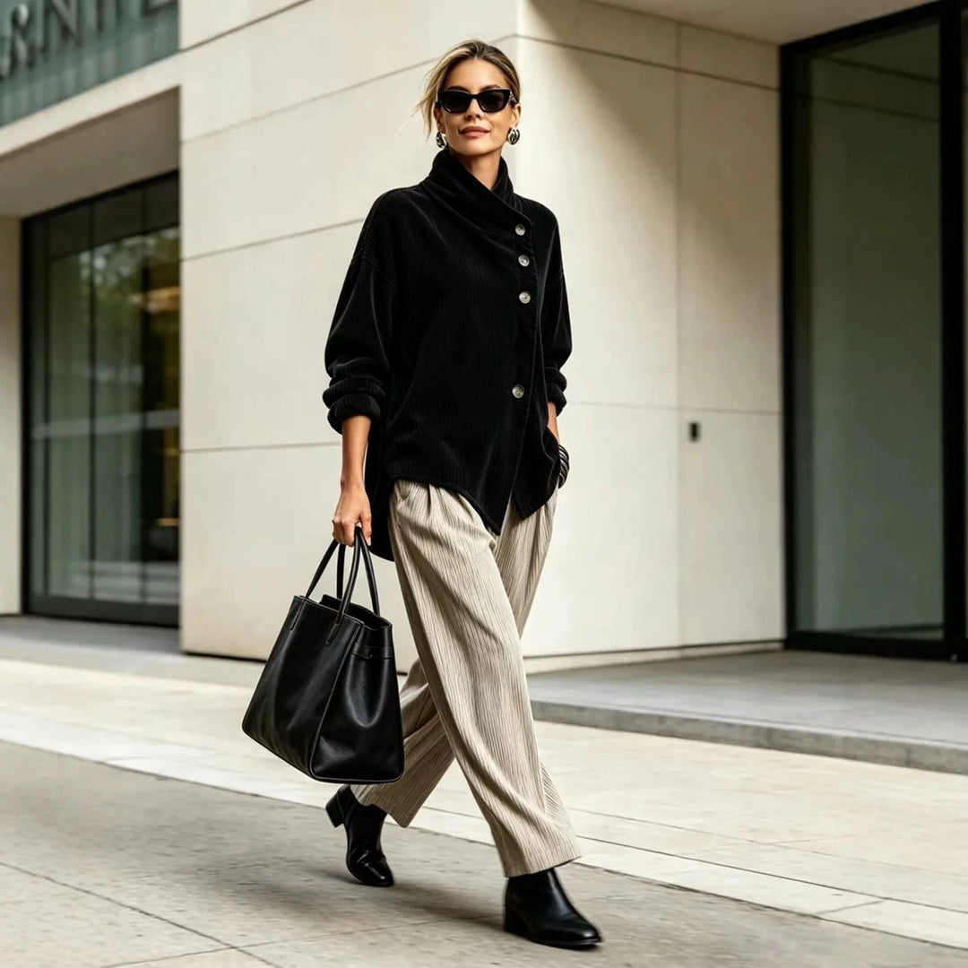 Amelia | Black Corduroy Button-Up Top