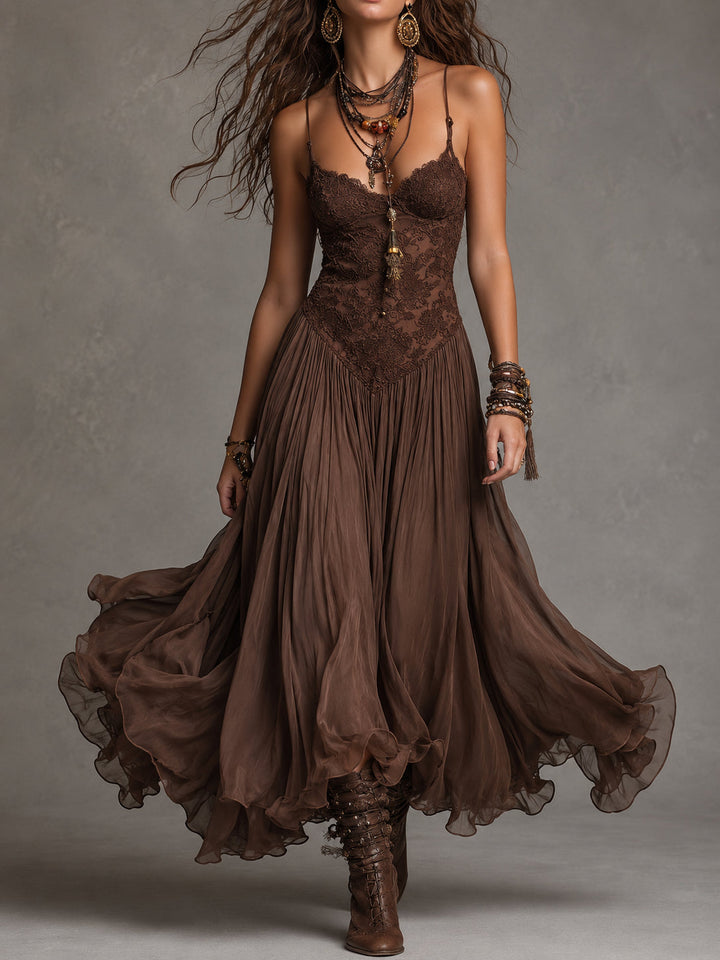 Federica | Maxi Dress in Brown Chiffon and Lace